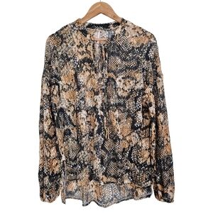 Free People Out For The Night Semi-Sheer Snakeskin Tie Neck Top Black Gold Small